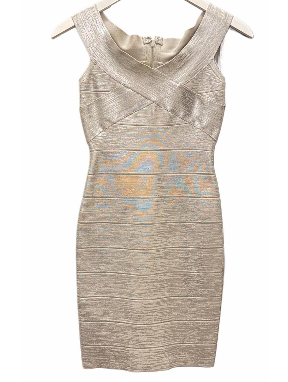 NWT Herve Leger  Silver Criss Cross Foil Dress, Size Small 4-6. - Picture 2 of 7